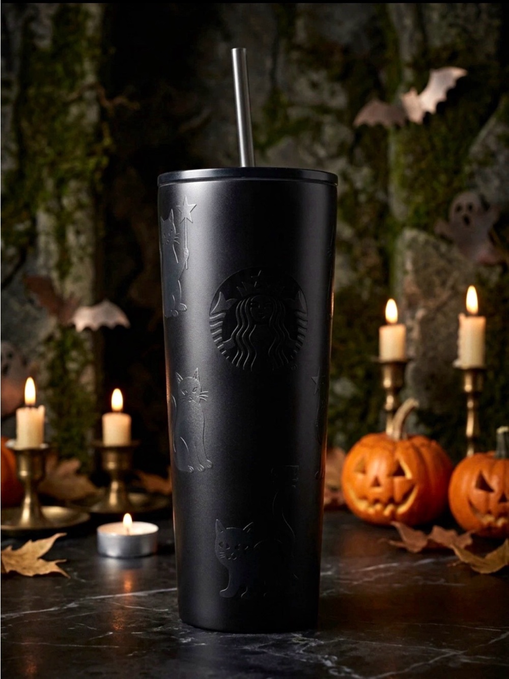 Starbucks Black Matte Halloween Cat Tumbler with Stainless Straw